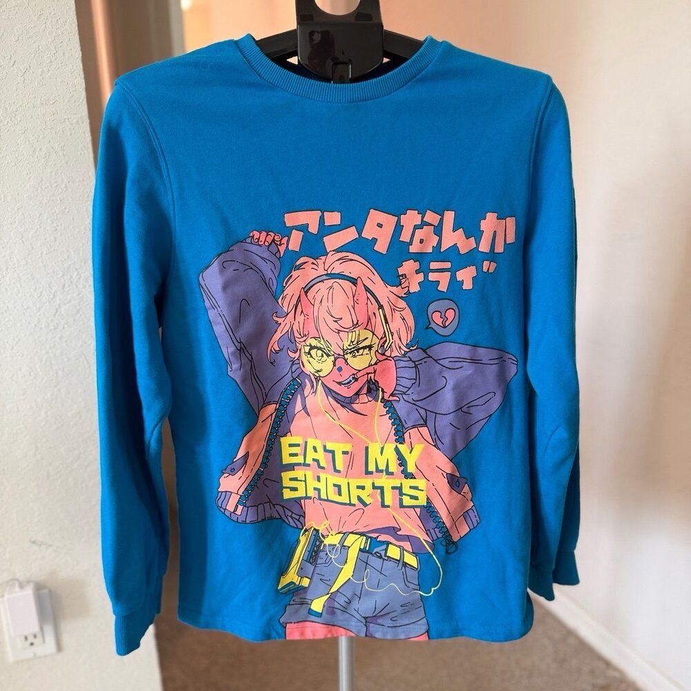 BiBi Rana Japanese Anime Eat My Shorts Graphic Crewneck Sweatshirt Size Large